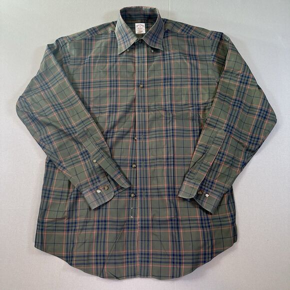 Brooks Brothers 1818 Dress Shirt Size M Green/Brown Regular Fit Non Iron Plaid - Picture 1 of 4